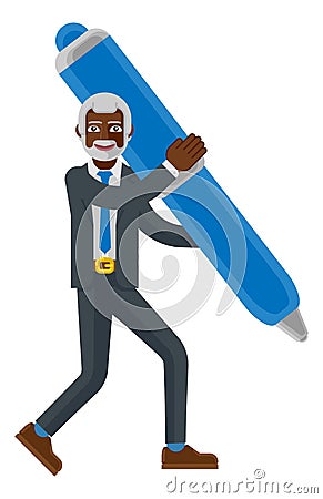 Mature Black Business Man Holding Pen Concept Vector Illustration