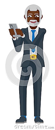 Mature Black Business Man Holding Phone Cartoon Vector Illustration