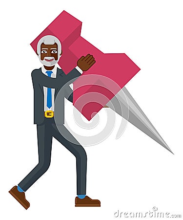 Mature Black Business Man Holding Thumb Tack Pin Vector Illustration
