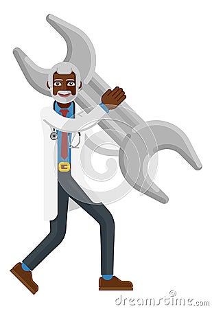 Mature Black Doctor Man Holding Spanner Wrench Vector Illustration