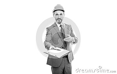 mature boss with clipboard. confident businessman in helmet give folder. safety business expertise. Stock Photo