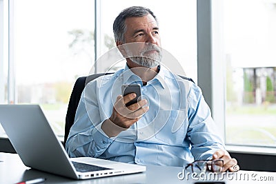Mature business man in formal clothing using mobile phone. Serious businessman using smartphone at work. Manager in suit Stock Photo