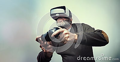 Mature business man wearing virtual reality googles / VR Glasses Stock Photo