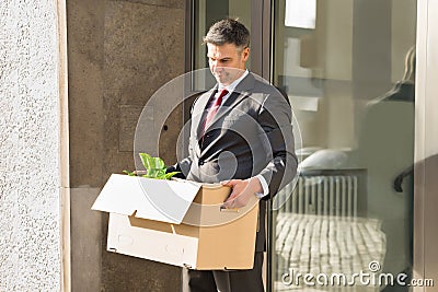 Mature Businessman Moving Out With Cardboard Box From Office Stock Photo