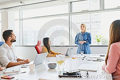 Mature businesswoman giving speach in office Stock Photo