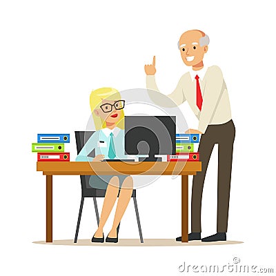 Mature chief giving instructions to his secretary. Colorful cartoon character vector Illustration Vector Illustration