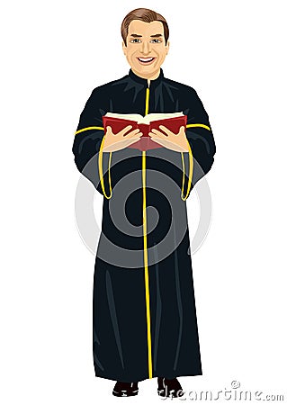 Mature christian priest in cassock holding a holy bible Vector Illustration