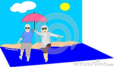 Mature couple enjoying the sun and water.. Vector Illustration