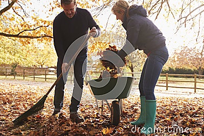 Mature Couple Raking Autumn Leaves in Garden Stock Photo