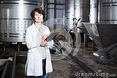 Expert examines equipment at winery Stock Photo