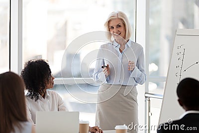 Mature female business coach speaking at team meeting training s Stock Photo