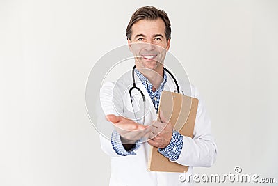 Mature handsome doctor lending hand requesting money for service Stock Photo