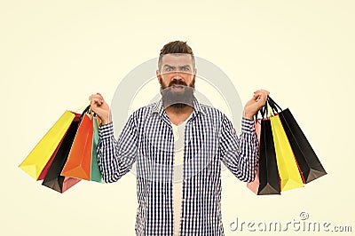 Mature hipster with beard. Shopping sale. Male barber care. Black Friday. Cyber Monday. Bearded angry man with shopping Stock Photo