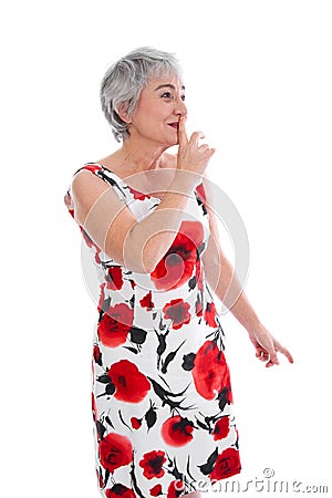 Mature lady begs for attention isolated on white. Stock Photo