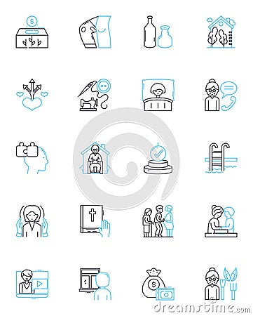 Mature living linear icons set. Retirement, Wisdom, Experience, Aging, Health, Relaxation, Community line vector and Vector Illustration