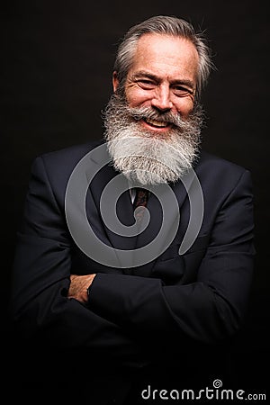 Mature male model wearing suit with grey hairstyle and beard Stock Photo