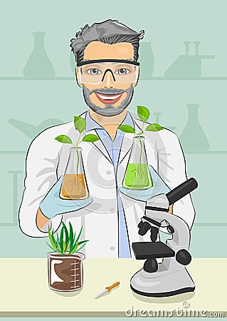Mature man biologist with protective glasses holding two flasks with plants next to microscope in laboratory Vector Illustration