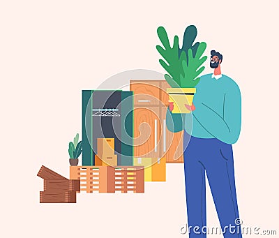 Mature Man Look Vintage Things and Home Plants on Flea Market. Male Character Shopping on Garage Sale or Second Hand Vector Illustration