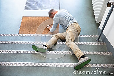 Mature Man Lying On Staircase Stock Photo