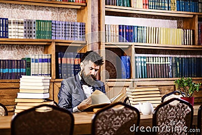 Mature man or professor with long beard and calm face. Historian sits in library and reads old books. Stock Photo