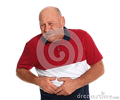 Mature man suffering from liver pain on background Stock Photo