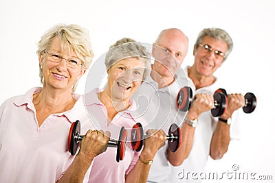 Mature older people lifting weights Stock Photo