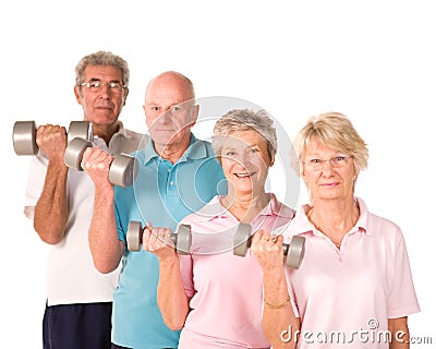 Mature older people lifting weights Stock Photo