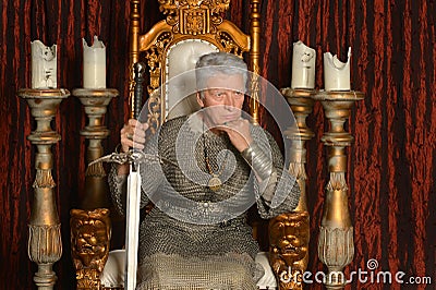 Mature pensive medieval knight Stock Photo