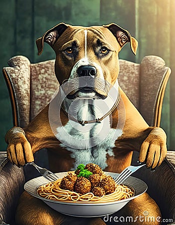 A mature Pit Bull dog is sitting down at home ready to eat a bowl full of spaghetti and meatballs. Stock Photo