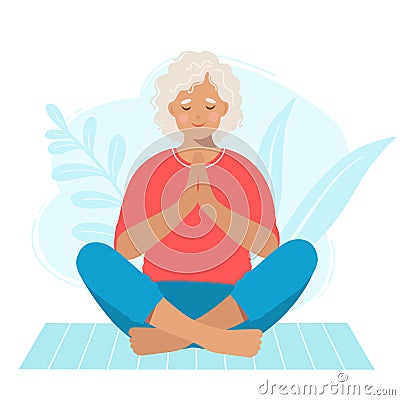 Mature senior woman practicing zen position on yoga mat isolated on white background. Vector Vector Illustration