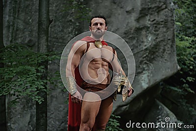 Spartan warrior in the woods Stock Photo