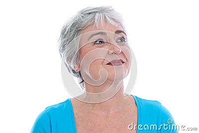 Mature woman gazes serenely into their future - isolated on whit Stock Photo
