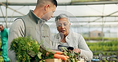 Mature woman, greenhouse and talking with working and agriculture work with a smile of farmer. Sustainability, plants Stock Photo