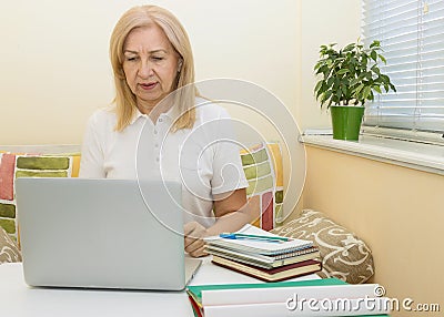 Mature woman working using a laptop computer. Stock Photo