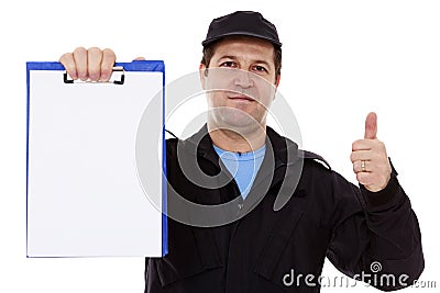 Matured male indicating down at whiteboard isolated over white Stock Photo