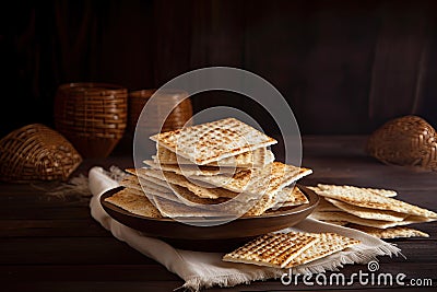 matzah bread on rustic wooden table. Ai generative Stock Photo