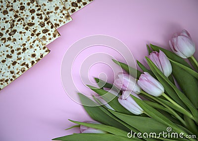 MATZAH FOR PASSOVER AND TULIPS FLOWERS Stock Photo