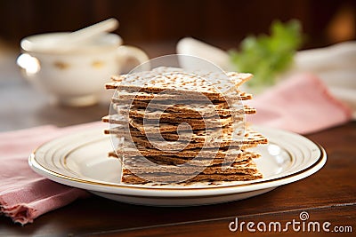 matzo bread stacked on a ceramic plate Stock Photo