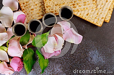 Matzoh passover holiday jewish celebration matzoh with on kiddush four cup of red kosher wine Stock Photo