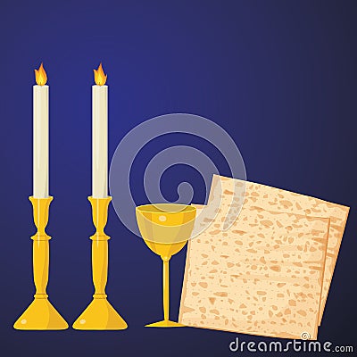 Matzoh and Wine on a Blue Background. Vector Illustration