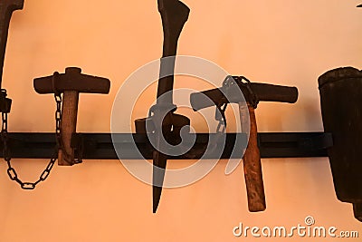 Materials and tools of the middle ages used for fabric elementary house in Itlay Stock Photo