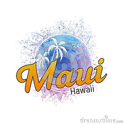 Maui Hawaii surf logo watercolor splash banner and sunset Vector Illustration