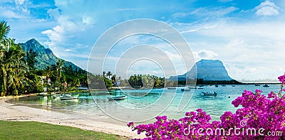 Mauritius landscape with la Gaulette and Le Morne Brabant Stock Photo