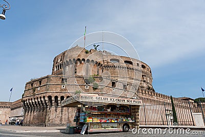 Mausoleum of Hadrian known known as Castel Saint Angelo with food and drinks street vendor Editorial Stock Photo