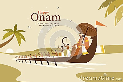 Illustration of King Mahabali and rowers in a snake boat celebrating Onam Vector Illustration