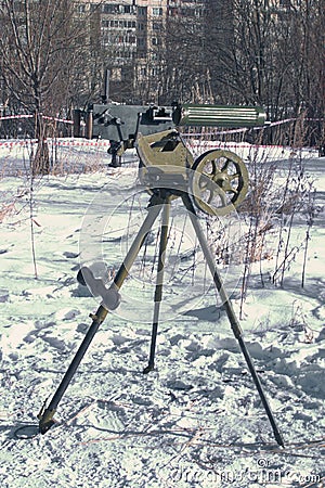 The Maxim machine guns in position in winter. Festival of reenactors. Russia Editorial Stock Photo