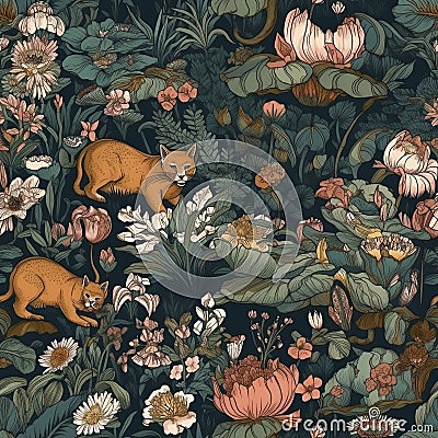 Maximalism style botanical and animals seamless pattern, created with generative AI Stock Photo