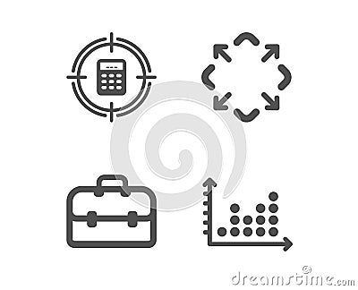Maximize, Portfolio and Calculator target icons. Dot plot sign. Full screen, Business case, Audit. Vector Vector Illustration