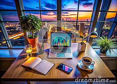 Unlock Your Nighttime Productivity A Modern Remote Work Setup for Maximum Output with Laptop Graphs Coffee and Notes Stock Photo