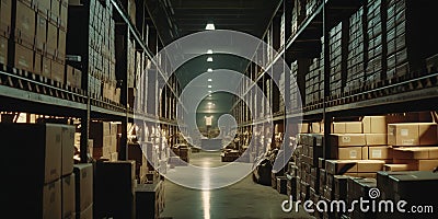Maximizing Space and Efficiency, Large, Long Warehouse with Cardboard Boxes, Generative AI Stock Photo